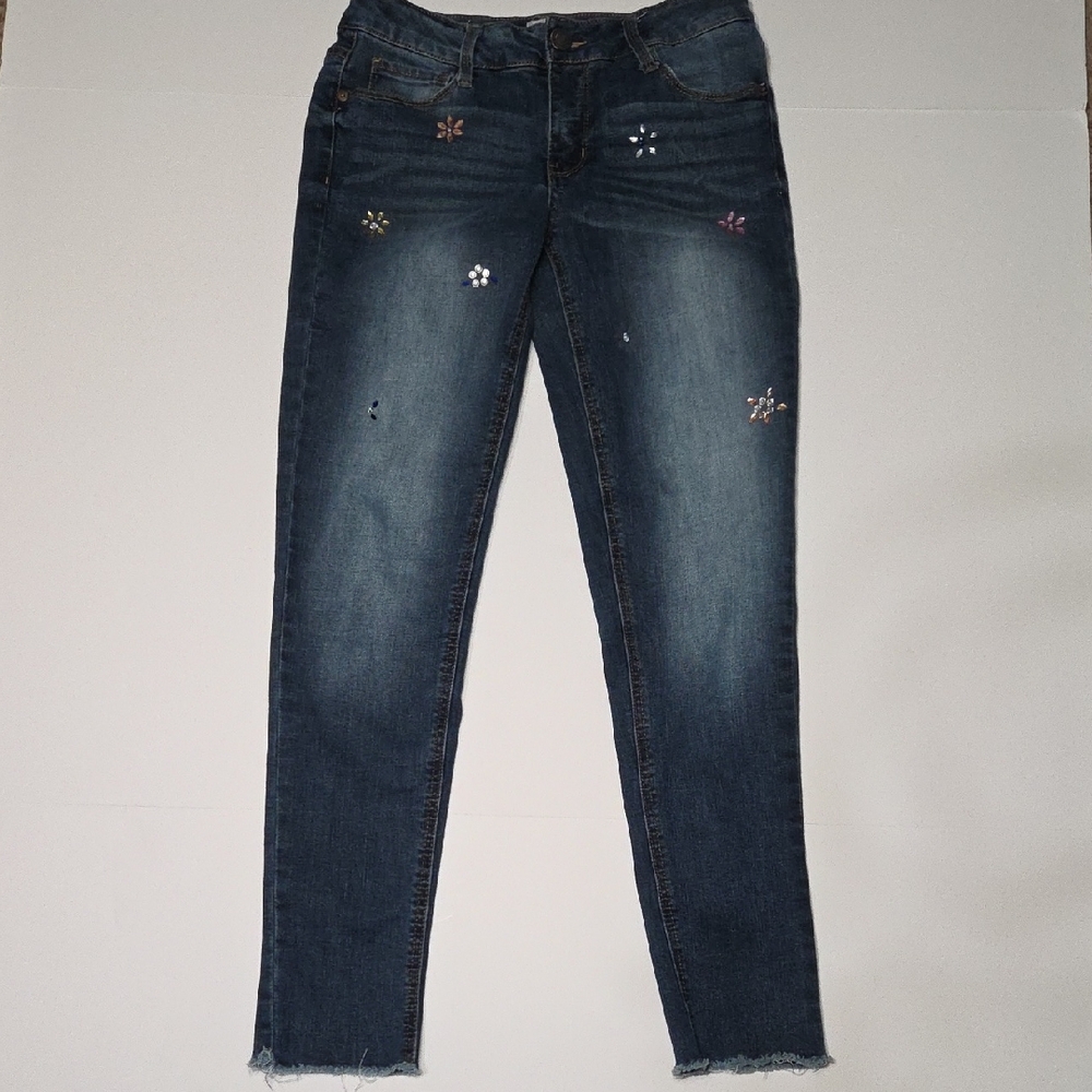 SO Girls Size 14 Dark Blue Embroidered Rhinestone Skinny Ankle Jeans Raw Hem